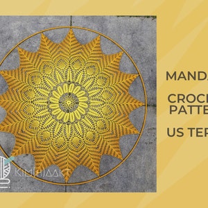 Puede incluir: Un patr&oacute;n de mandala de crochet amarillo en t&eacute;rminos estadounidenses. El patr&oacute;n es circular y tiene un dise&ntilde;o de estrella.
