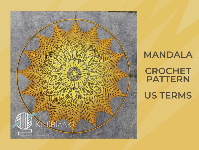 Puede incluir: Un patr&oacute;n de mandala de crochet amarillo en t&eacute;rminos estadounidenses. El patr&oacute;n es circular y tiene un dise&ntilde;o de estrella.