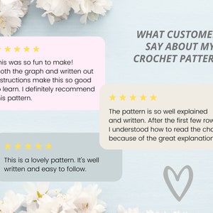 Puede incluir: Cinco estrellas para las rese&ntilde;as de clientes sobre los patrones de crochet. Las rese&ntilde;as destacan la facilidad de seguir los patrones y la claridad de las instrucciones. El texto dice "Lo que los clientes dicen sobre mis patrones de crochet."