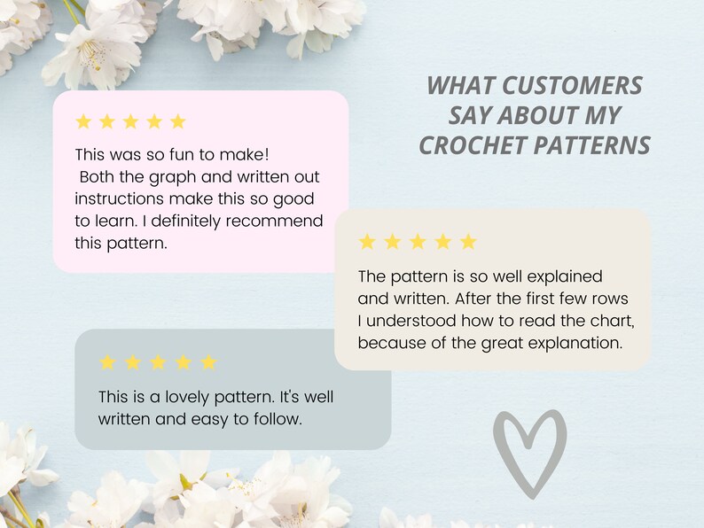 Puede incluir: Cinco estrellas para las rese&ntilde;as de clientes sobre los patrones de crochet. Las rese&ntilde;as destacan la facilidad de seguir los patrones y la claridad de las instrucciones. El texto dice "Lo que los clientes dicen sobre mis patrones de crochet."