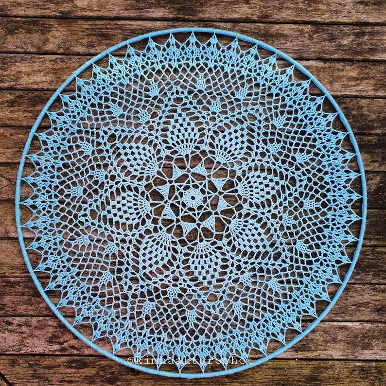 Puede incluir: Un gran encaje redondo de ganchillo azul con un dise&ntilde;o intrincado y de encaje. El encaje est&aacute; colgado en una pared de madera.