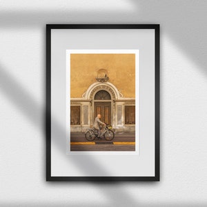 Florence Street Photography Print – Elderly Man on Vintage Bicycle Passing Ornate Doorway Giclée Fine Art Photography Print, Wall Art