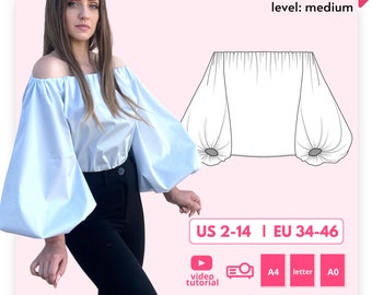 Helen lantern sleeve blouse, off shoulder top pattern, oversized puff sleeve blouse sewing pattern, Digital PDF Pattern