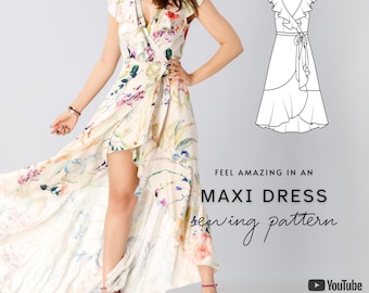 MICHELLE wrap dress pdf pattern, cotton wrap dress printable pattern with sewing tutorial and, boho maxi dress, tie front asymmetrical dress