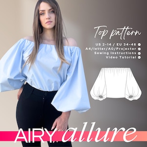 Helen lantern sleeve blouse, off shoulder top pattern, oversized puff sleeve blouse sewing pattern, Digital PDF Pattern