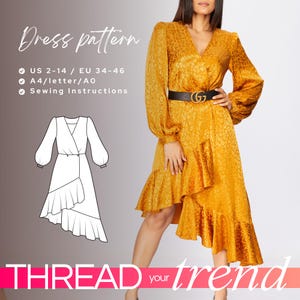 CARA DIY wrap dress pattern, asymmetric hem belted dress, midi knee length digital PDF sewing pattern, v neck elegant ruffled frock