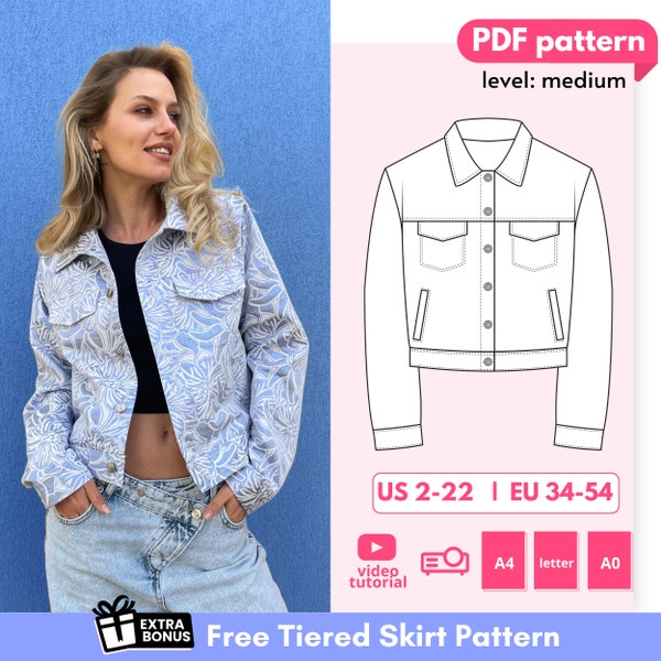 Celia DIY jacket sewing pattern, long sleeve oversize denim jacket pattern, classic fit sporty jeans blazer PDF digital sewing pattern