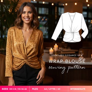 Puede incluir: Una blusa cruzada dorada de manga larga con un sutil estampado animal, detalle de nudo frontal y cuello en V. La imagen incluye un dibujo lineal blanco de la blusa y el texto EFFORTLESS ELEGANCE IN A WRAP BLOUSE sewing pattern.