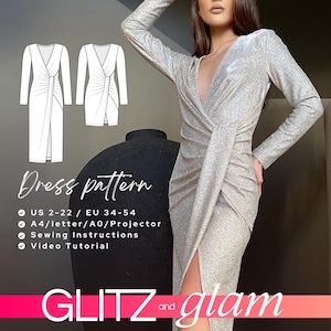 Eva DIY bodycon dress pattern, fitted prom dress sewing pattern, v-neck stretchy dress, long sleeve draped evening dress digital PDF pattern