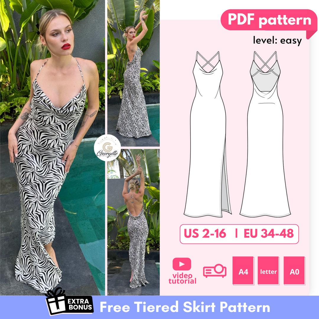 Bali DIY Cowl Neck Slip Dress Pattern W Side Slit, Spaghetti Strap Low