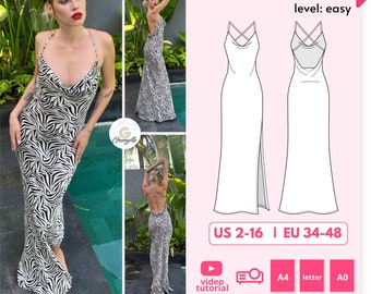 Bali DIY cowl neck slip dress pattern w side slit, spaghetti strap low back beach dress, satin silk wedding dress digital PDF sewing pattern