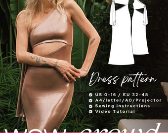 Patrón de vestido de noche GAIA con cortes: un hombro y lazo lateral (PDF digital)