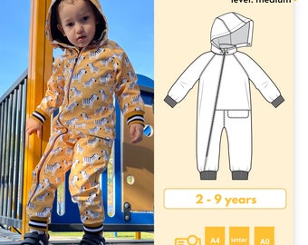 Kiki DIY toddler softshell playsuit pattern, hooded waterproof & windproof jumpsuit digital PDF sewing pattern, zipper one piece overall