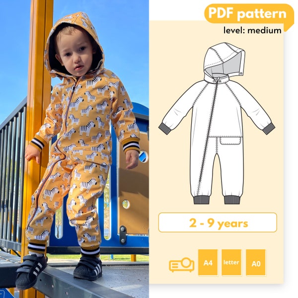 Kiki DIY toddler softshell playsuit pattern, hooded waterproof & windproof jumpsuit digital PDF sewing pattern, zipper one piece overall