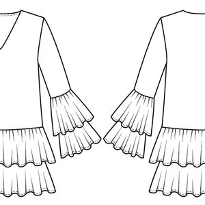 May include: A white long-sleeved blouse with a V-neckline and a tiered ruffle hem. The blouse has three tiers of ruffles on the sleeves.
