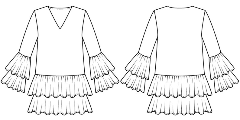 May include: A white long-sleeved blouse with a V-neckline and a tiered ruffle hem. The blouse has three tiers of ruffles on the sleeves.
