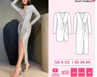 Eva DIY bodycon dress pattern, fitted prom dress sewing pattern, v-neck stretchy dress, long sleeve draped evening dress digital PDF pattern