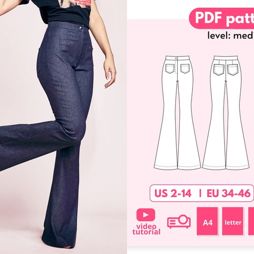High-rise Flare Jeans Pants With Pockets Pattern 34 36 -
