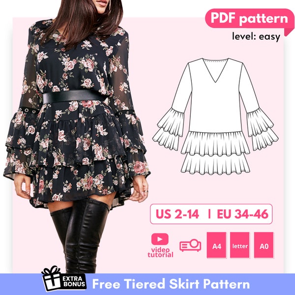 ELAINE romantic mini dress pattern, satin dress sewing pattern, short dress, flowy dress pattern, ruffle pdf dress pattern