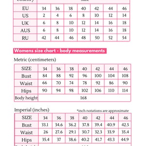 May include: A size chart with a pink border displaying international clothing size conversions for EU, US, UK, AUS, and RU. It includes a section for body measurements in both metric centimeters and imperial inches for bust, waist, hips, and height.