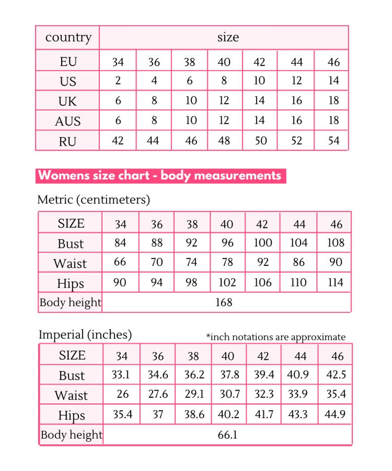 May include: A size chart with a pink border displaying international clothing size conversions for EU, US, UK, AUS, and RU. It includes a section for body measurements in both metric centimeters and imperial inches for bust, waist, hips, and height.