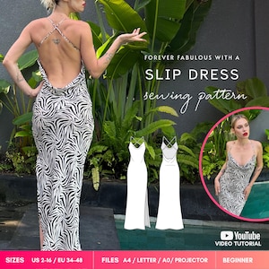 Bali DIY cowl neck slip dress pattern w side slit, spaghetti strap low back beach dress, satin silk wedding dress digital PDF sewing pattern