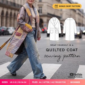 Oversized Quilted Jacket Sewing Pattern | Easy Long Wrap Coat, Beginner Friendly | Sizes 34-54 | PDF Projector A0 A4 (Instant Download)