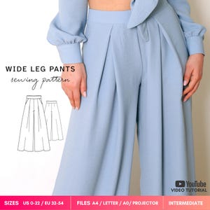 May include: A sewing pattern for wide leg pants featuring a light blue pair of trousers with a high waist and front pleats. The image includes a black and white line drawing of the pants, the text WIDE LEG PANTS sewing pattern, and size US 0-22.