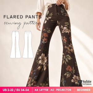 May include: A sewing pattern for high-waisted flared pants featuring a dark brown fabric with a floral print. The image includes text reading FLARED PANTS sewing pattern, a line drawing of the pants, and size information US 2-22 / EU 34-54.