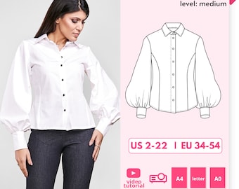 ABBY Button Up Fitted Shirt with Bishop Sleeve sewing Pattern  34 - 54 EU, PDF A4, Letter and A0 for printing and Projector