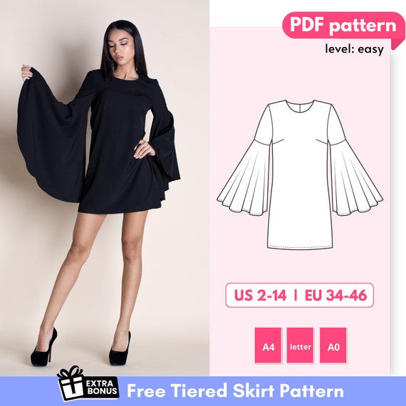 IVY Bell Sleeve Mini Dress Sewing Pattern 34 36 38 40 42 44 - Etsy