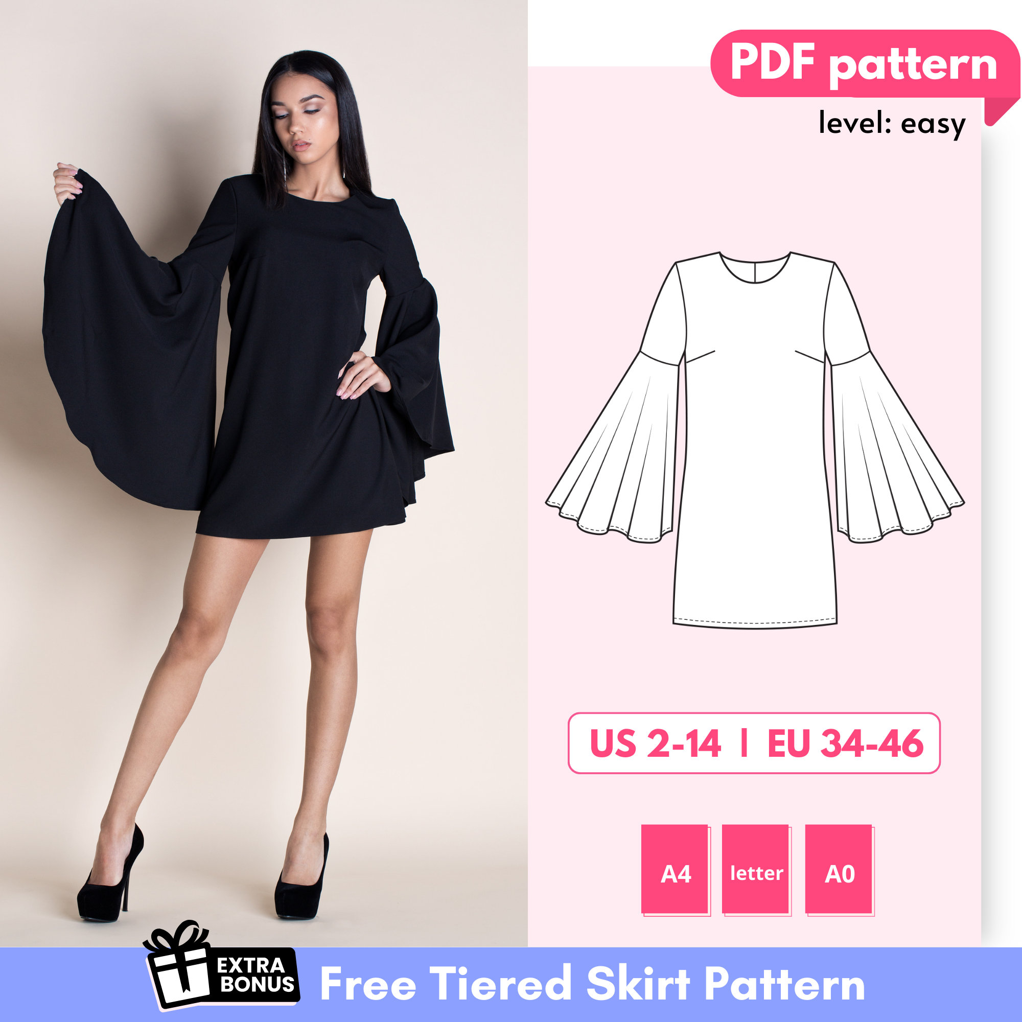 IVY Bell Sleeve Mini Dress Sewing Pattern 34 36 38 40 42 44 46 EU, PDF for  Printing at Home 