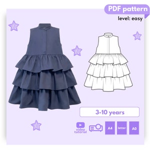 SABRINA girl ruffle dress sewing pattern 3 - 10 Years  PDF A4 Letter and A0 for printing and Projector