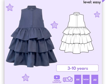 SABRINA girl ruffle dress sewing pattern 3 - 10 Years  PDF A4 Letter and A0 for printing and Projector