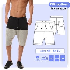 EDY DIY Men Shorts Sewing Pattern, utility athleisure drop crotch pants digital PDF sewing pattern, drawstring shorts with pockets for men