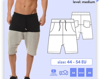 EDY DIY Men Shorts Sewing Pattern, utility athleisure drop crotch pants digital PDF sewing pattern, drawstring shorts with pockets for men