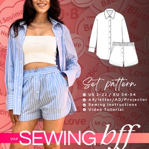 May include: A sewing pattern for a blue and white striped shirt and shorts set. The pattern includes instructions for sizes US 2-22 and EU 34-54. The pattern is available in A4, letter, A0, and projector sizes. The pattern also includes sewing instructions and a video tutorial.