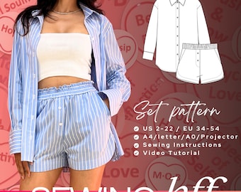 Patrón de costura para conjunto de verano: Camisa holgada y pantalones cortos de cintura alta (patrón PDF)