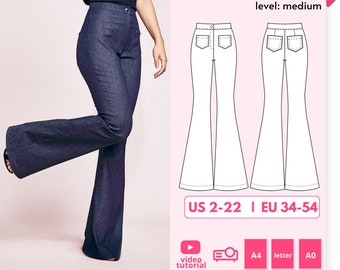 Pantalon Jeans Flare Taille Haute Alesia avec Poches Patron 34-54 EU - PDF A4, Lettre et A0 pour impression et Projecteur