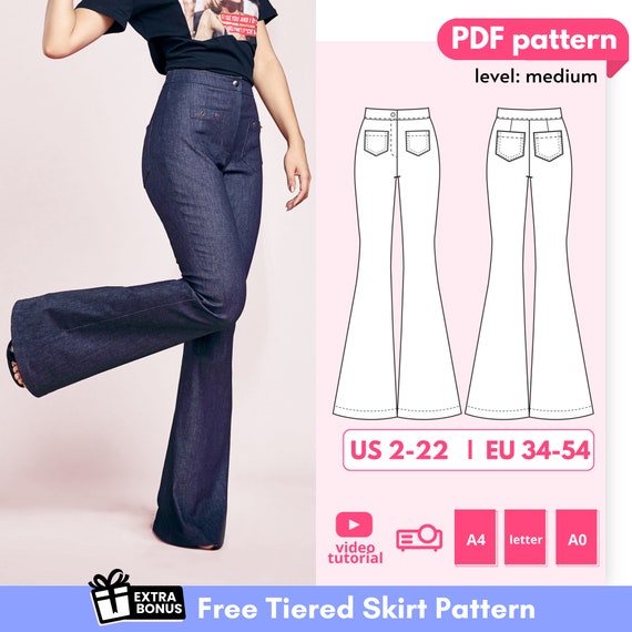 Alesia High-rise Flare Jeans Pants With Pockets Pattern 34-54 EU PDF A4,  Letter and A0 for Printing and Projector 