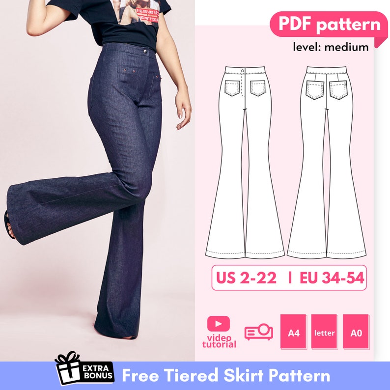 Alesia High-Rise Flare Jeans Pants with Pockets Pattern 34-54 EU PDF A4, Letter and A0 for printing and Projector image 1