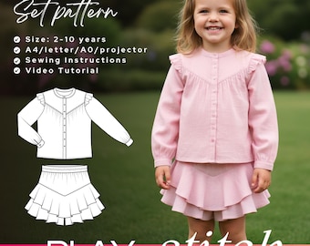 Patrón de costura conjunto de dos piezas para niñas LUNA, patrón de pantalón corto para niña + patrón de camisa para niñas, PDF digital A4, Carta, A0 y Proyector