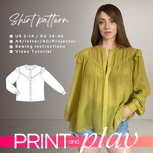 May - Oversize button down shirt pattern, ruffle shirt pdf sewing pattern, long sleeve shirt, PDF A4, Letter and A0 & Projector files