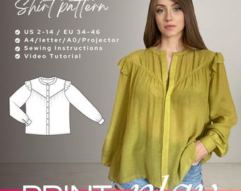 Mayo - Patrón de camisa de botones de gran tamaño, patrón de costura de camisa con volantes en PDF, camisa de manga larga, archivos PDF A4, Carta y A0 y para proyector