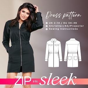 以下が含まれることがあります： 黒いジッパー開閉、長袖、フィットしたウエストのドレスパターン。画像には、ドレスを着た女性と技術図が含まれています。画像には「Dress pattern」と「ZIP into sleek」と書かれています。