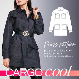 May include: A denim dress pattern with a collared neckline, long sleeves, and multiple pockets. The pattern includes instructions for sizes US 2-14 / EU 34-46 and is printed on A4/letter/AO paper. The text "CARGO Cool" is printed in pink at the bottom of the image.