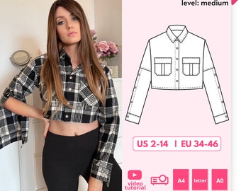 KATE DIY button up cropped shirt streetwear style for women pattern, side snaps long sleeve cropped blouse digital PDF sewing pattern