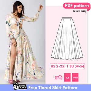 Freesia Printable Circle Skirt Pattern, three quarter circle skirt sewing pattern, high waist floor length skirt pattern 34-54 EU