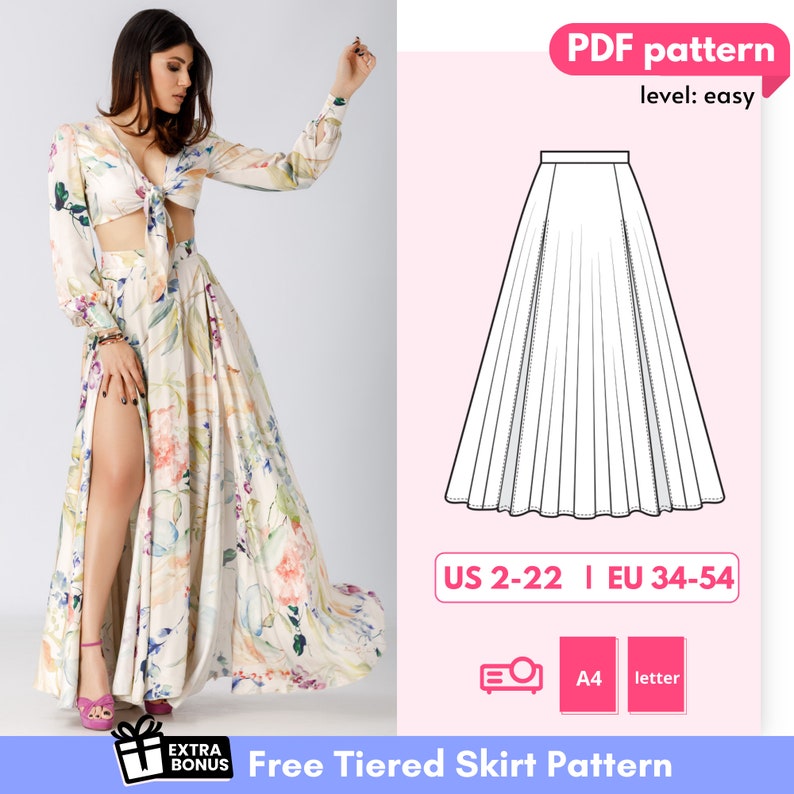 Freesia Printable Circle Skirt Pattern, three quarter circle skirt sewing pattern, high waist floor length skirt pattern 34-54 EU image 1