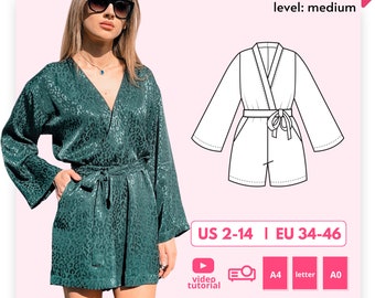 Kylie DIY wrap playsuit patron de couture pour les femmes, manches longues et barboteuse à col en V, combinaison d'été légère patron de couture PDF numérique